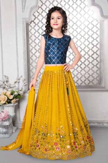 Attractive Embroidered Georgette Yellow Color Kids Lehenga Choli
