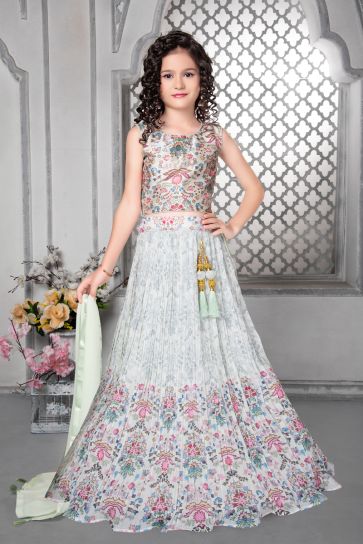 Heavy Georgette Embroidered On Off White Color Kids Lehenga Choli
