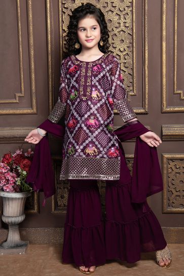 Purple Color Georgette Fabric Function Wear Readymade Kids Palazzo Salwar Kmaeez