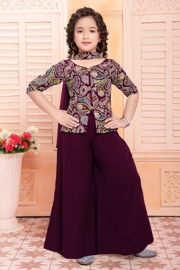 Georgette Engaging Wine Color Festive Wear Embroidered Kids Readymade Palazzo Style Sharara Suit