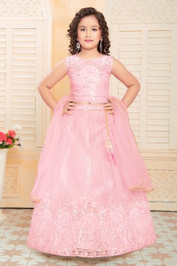 Sangeet Wear Net Fabric Pink Color Captivating Kids Readymade Lehenga Choli