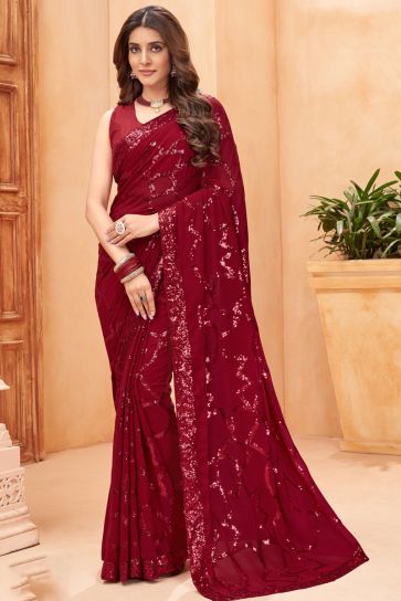 Georgette Maroon Color Party Style Glorious Saree