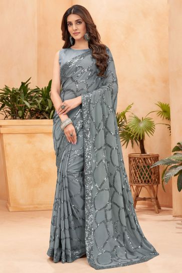 Grey Color Georgette Engaging Party Style Saree