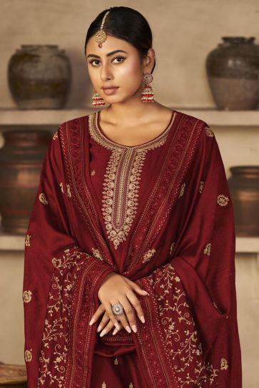 Vichitra Fabric Lovely Salwar Suit In Maroon Color