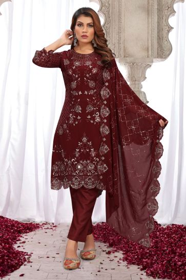 Maroon Color Georgette Fabric Embroidered Sequins Work Tempting Salwar Suit