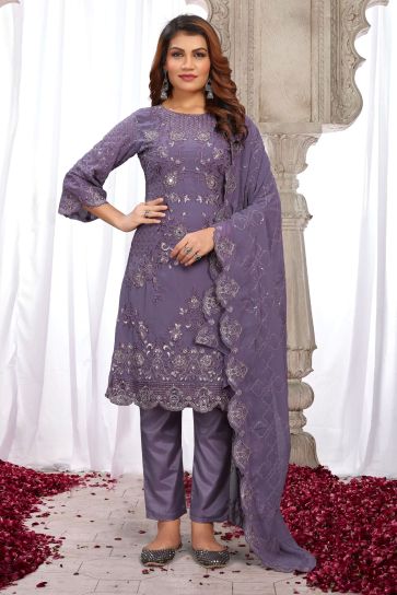 Lavender Color Georgette Fabric Embroidered Sequins Work Awesome Salwar Suit