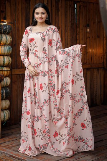 Captivating Peach Color Digital Printed Georgette Readymade Gown with Dupatta