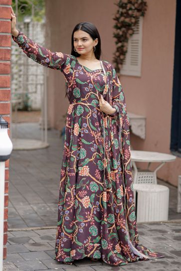 Festive Finesse Georgette Digital Printed Brown Color Readymade Gown with Dupatta