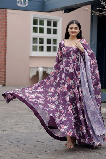 Georgette Purple Color Elegance Digital Printed Readymade Gown with Dupatta