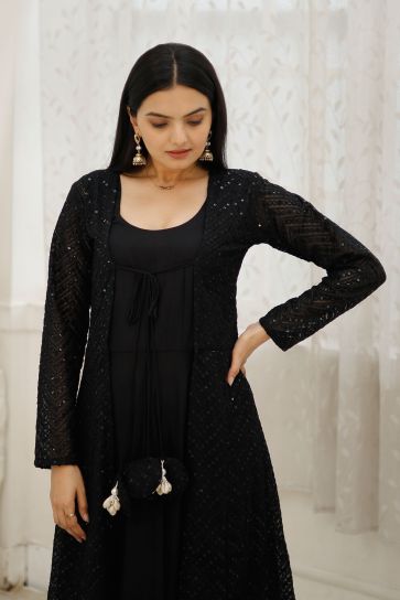 Rayon Fabric Function Wear Charismatic Readymade Gown With Shrug In Black Color