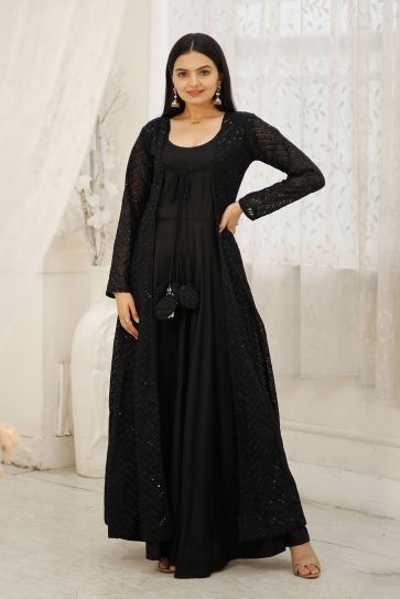Rayon Fabric Function Wear Charismatic Readymade Gown With Shrug In Black Color