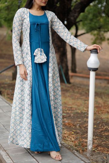 Cyan Color Function Wear Captivating Readymade Gown With Shrug In Rayon Fabric