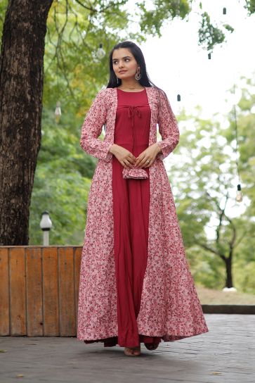 Rayon Fabric Pink Color Ingenious Readymade Gown With Shrug In Function Wear