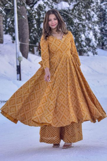 Marvelous Cotton Silk Fabric Festival Wear Digital Printed Kurti With Bottom In Mustard Color