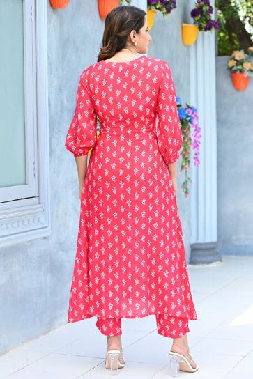 Fancy Fabric Printed Awesome Kurti With Bottom In Pink Color