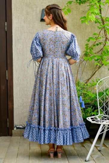 Voguish Cotton Silk Digital Printed Blue Color Readymade Gown