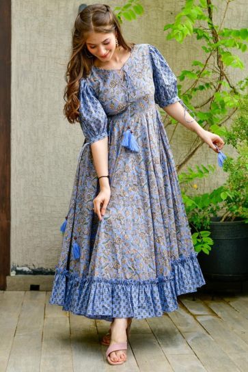 Voguish Cotton Silk Digital Printed Blue Color Readymade Gown