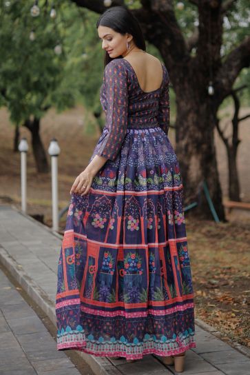 Readymade Chanderi Fabric Purple Color Digital Printed Gown