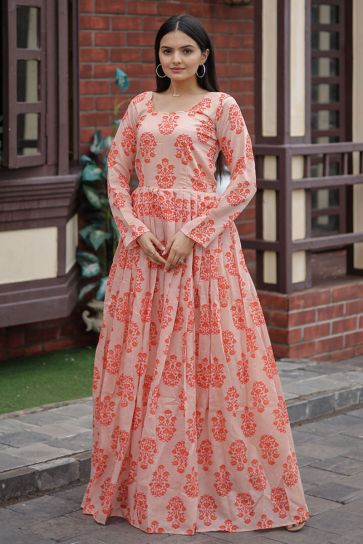 Peach Color Digital Printed Readymade Chanderi Fabric Gown