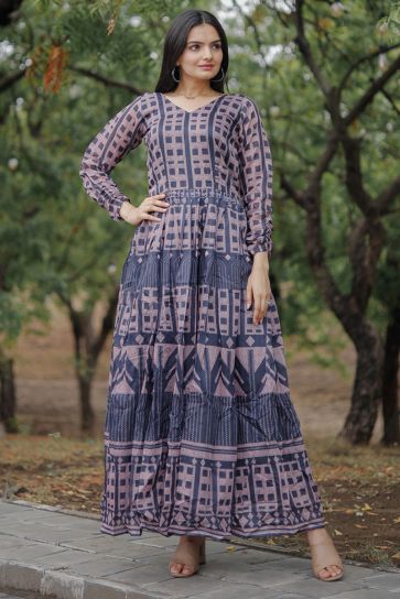 Multi Color Digital Printed Readymade Gown In Chanderi Fabric