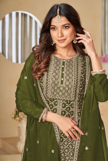 Glamorous Green Color Embroidered Chinon Fabric Palazzo Suit 