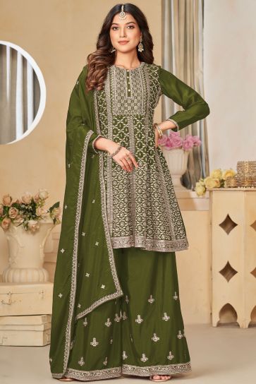 Glamorous Green Color Embroidered Chinon Fabric Palazzo Suit 