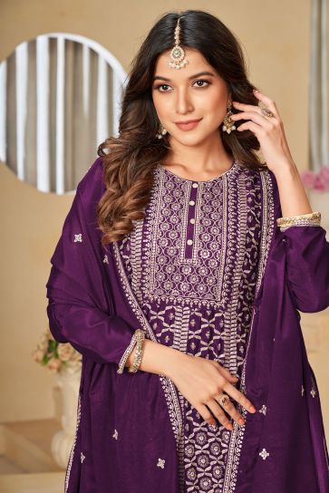Purple Color Fascinating Embroidered Chinon Fabric Palazzo Suit 