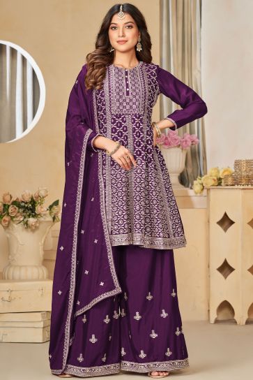 Purple Color Fascinating Embroidered Chinon Fabric Palazzo Suit 