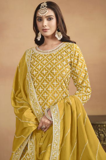 Glamorous Yellow Color Sangeet Wear Chinon Fabric Sharara Top Lehenga 