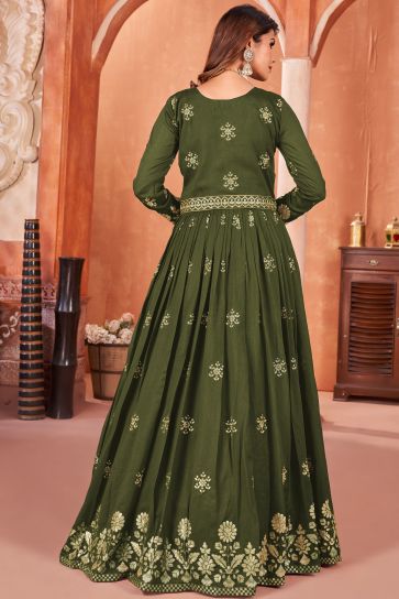 Function Special Mehendi Green Color Art Silk Anarkali Suit with Embroidered Work