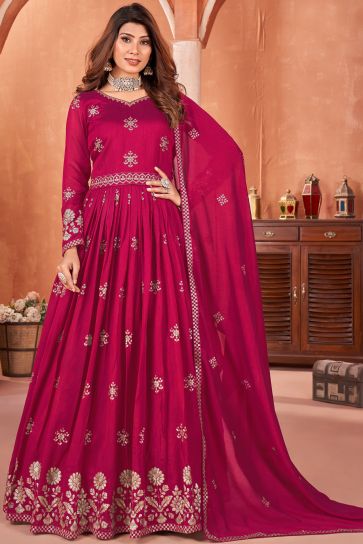 Gorgeous Art Silk Anarkali Suit For Function In Rani Color