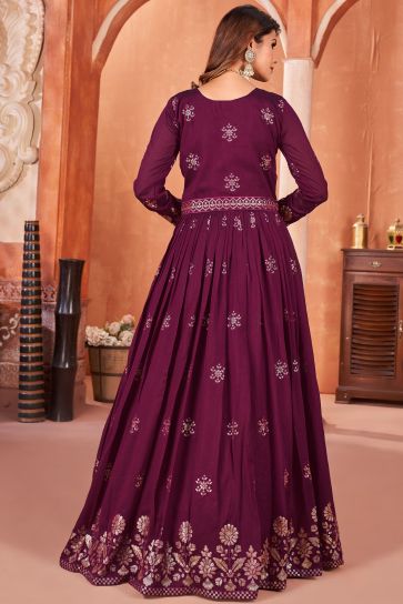 Elegant Wine Color Art Silk Anarkali Suit with Embroidered Work For Function