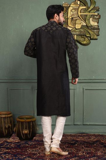 Black Art Silk Festive Wear Readymade Men Kurta Pyjama