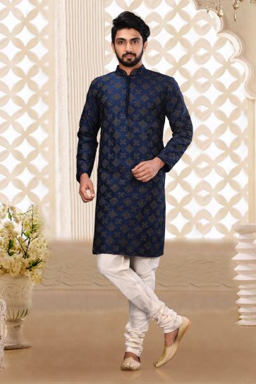 Sangeet Wear Readymade Kurta Pyjama For Men In Art Silk Navy Blue Color
