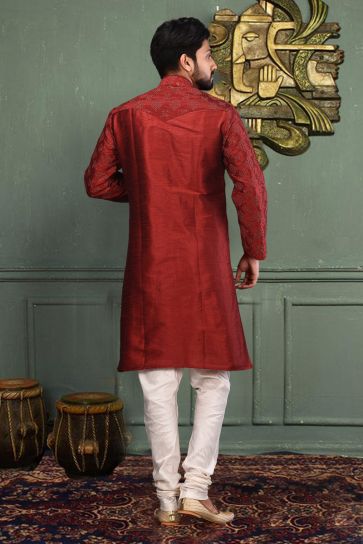 Stunning Maroon Color Function Wear Readymade Men Kurta Pyjama