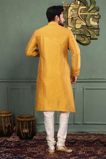 Art Silk Function Wear Readymade Mustard Color Kurta Pyjama For Men