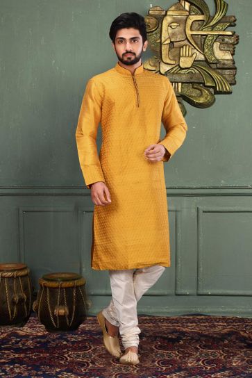 Art Silk Function Wear Readymade Mustard Color Kurta Pyjama For Men