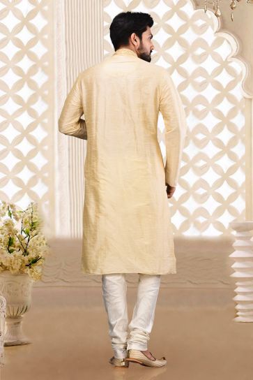 Fancy Beige Color Art Silk Function Wear Readymade Kurta Pyjama For Men
