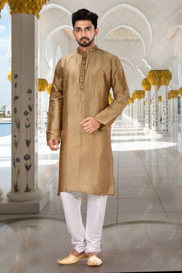 Pretty Art Silk Sangeet Wear Readymade Men Kurta Pyjama In Brown Color