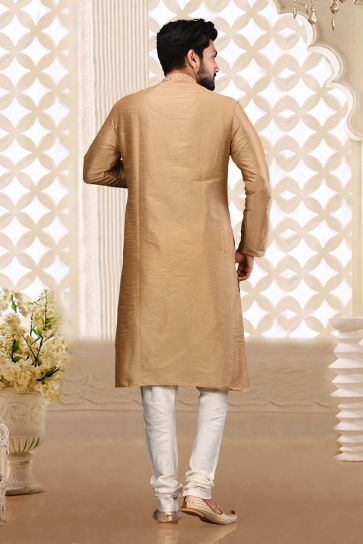 Brown Color Reception Wear Readymade Art Silk Kurta Pyjama For Men
