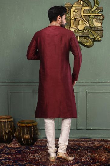 Art Silk Wine Color Festive Wear Readymade Men Stylish Kurta Pyjama
