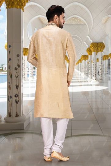 Beige Color Art Silk Function Wear Readymade Kurta Pyjama For Men