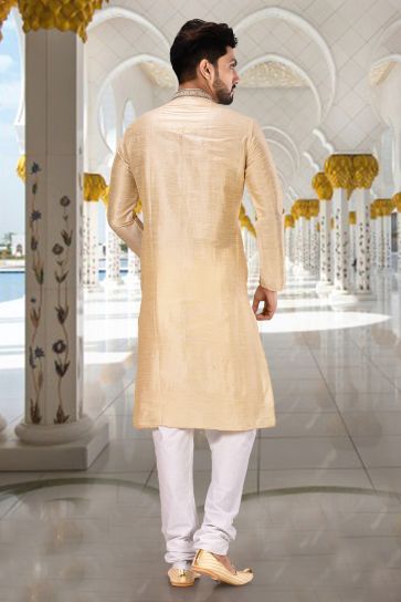 Beige Color Artistic Readymade Men Kurta Pyjama For Wedding Wear
