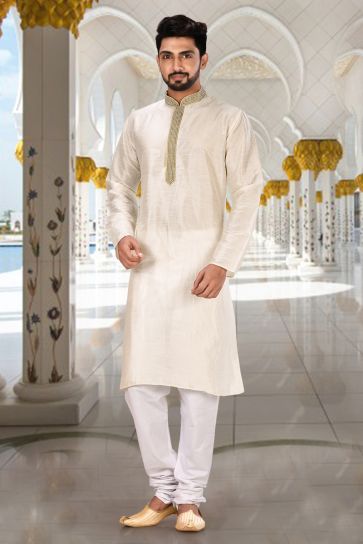 Sangeet Wear Readymade Kurta Pyjama For Men In Art Silk Off White Color