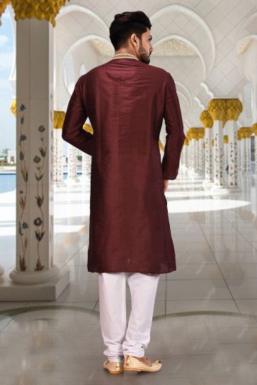 Pretty Art Silk Sangeet Wear Readymade Men Kurta Pyjama In Wine Color