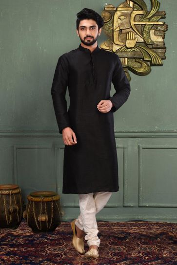Art Silk Black Magnificent Readymade Men Kurta Pyjama For Sangeet Wear