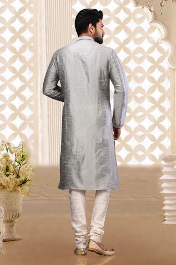 Grey Art Silk Sangeet Wear Trendy Readymade Kurta Pyjama For Men