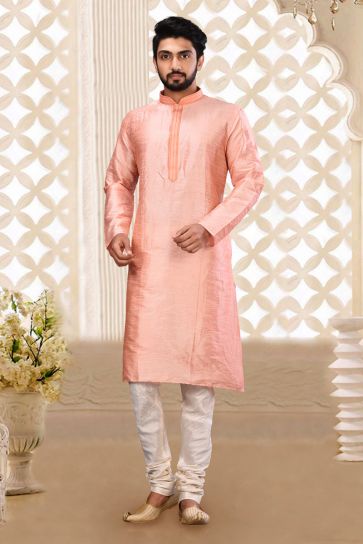 Art Silk Pink Color Festive Wear Trendy Readymade Men Kurta Pyjama