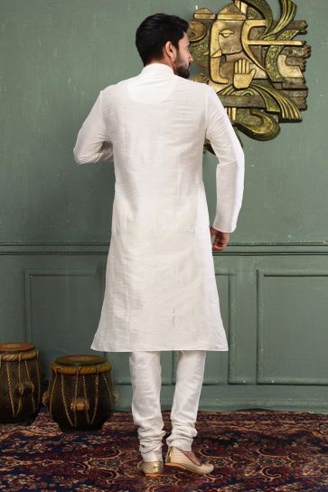 Fancy White Color Art Silk Function Wear Readymade Kurta Pyjama For Men