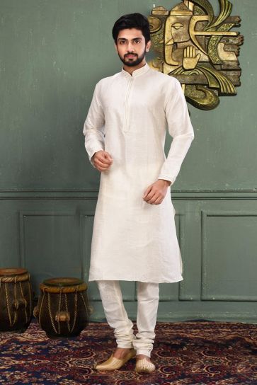 Art Silk White Color Festive Wear Readymade Men Stylish Kurta Pyjama